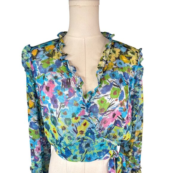 ZARA Floral Wrap Ruffle Blouse M Multicolor Sheer Long Sleeve Made In Morocco - Picture 6 of 11